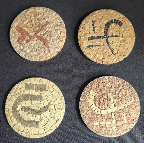 4 Stone Mosaic Coasters Art Table Wall Decor Asian Symbol Brass - Picture 1 of 9